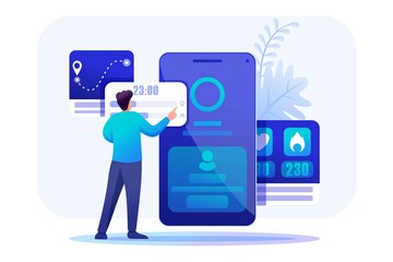 Wall Mural - young man are working with a fitness bracelet management app. header concept. flat 2d character. con