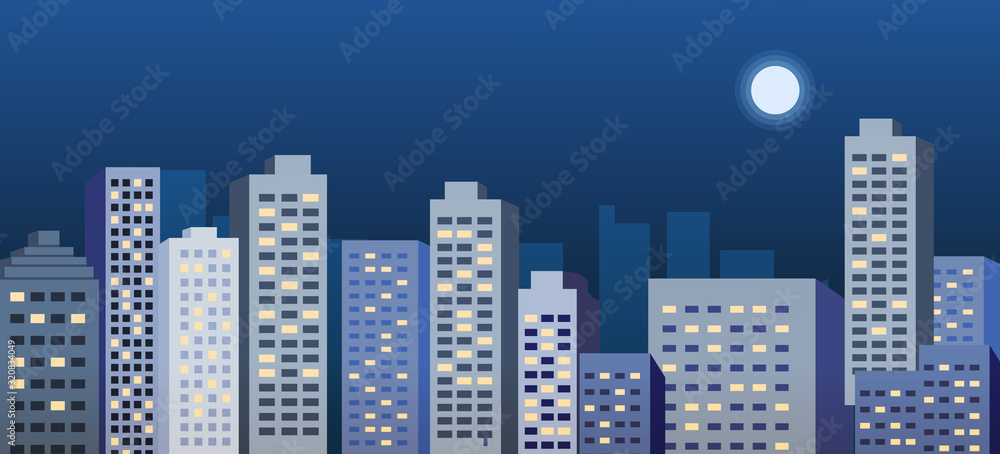 Night cityscape vector illustration.Night urban scene with moon ...