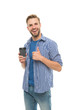 © be free - Best coffee in town. Happy man give thumbs up. Bearded man smile with thumbs up gesture. Satisfaction and approval. Gesturing thumbs up hand sign. Thumbs up and enjoy. Delicious and aromatic coffee