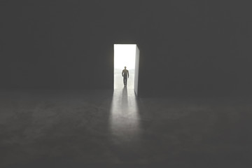 Wall Mural - man getting out of the darkness, walking trough an open door