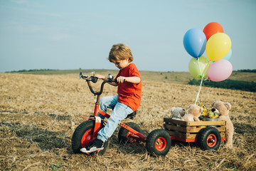 Wall Mural - Adorable kid having fun. Happy child playing in summer. Happy childhood. Happy child in summer in nature. Happy smiling boy on nature background.