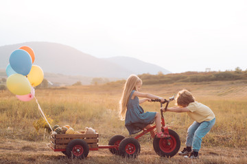 Wall Mural - Positive little girl and boy. Cute young boy and girl. Happy little kids. Emotional little girl and boy on a walk. Happy kids smiling and having fun.