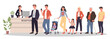 © Bro Vector - Store customers standing in queue vector illustration. People in supermarket waiting in line for cashier service. Shopping in crowded store, purchasing food and clothes with discounts