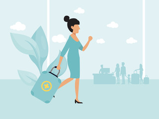 medical tourism insurance. abroad therapy for patients vector illustration. woman in the airport goi