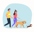 © lyudinka - Woman and man is walking with a dogs isolated. Vector flat style illustration