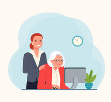 Teaching An Elderly Person On A Computer. Vector Flat Style Illustration.