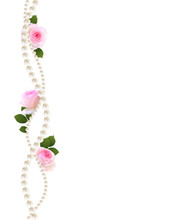 Flowers. Floral Background. Pearls. Pink Roses. Border.