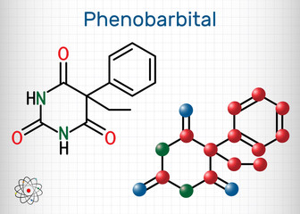 Wall Mural - Phenobarbital, phenobarbitone or phenobarb, C12H12N2O3  molecule. It is a medication for the treatment of epilepsy. Structural chemical formula and molecule model. Sheet of paper in a cage