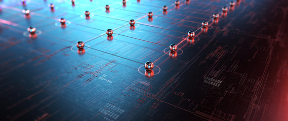 Poster - Block chain network concept , distributed register technology, block chain text and computer connection. 3D Rendering