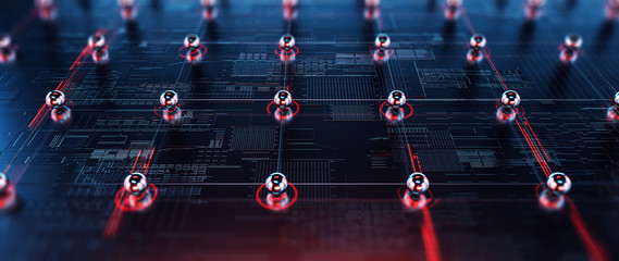 Poster - Block chain network concept , distributed register technology, block chain text and computer connection. 3D Rendering