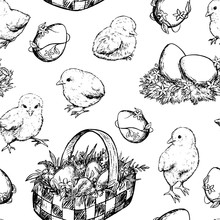 Easter Vector Seamless Pattern. Chickens, Basket, Eggs, Nest Hand Drawn Background. Monochrome Wallpaper For Easter Holiday Design, Textile, Prints, Wrapping, Card Etc Vintage, Engraving, Sketch Style