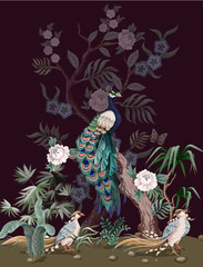 Fototapeta Border in chinoiserie style with peacock and peonies. Vector.