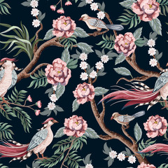 Naklejka na meble Seamless pattern in chinoiserie style with storks, birds and peonies. Vector,
