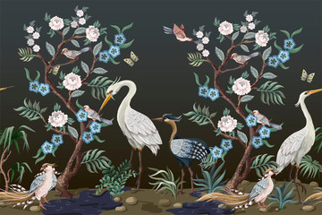 Naklejka na meble Border in chinoiserie style with herons and peonies. Vector.
