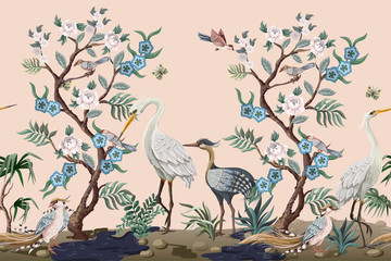 Plakat drzewa vintage ptak sztuka piwonia