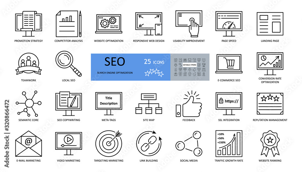 Vector set of SEO optimization icons with editable stroke. strategy ...