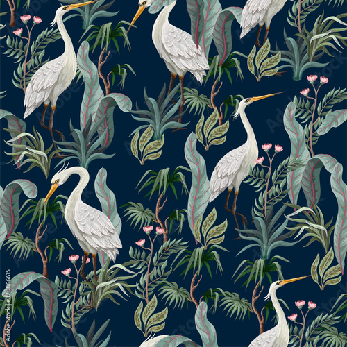 Seamless pattern in chinoiserie style with storks, birds and peonies. Vector,