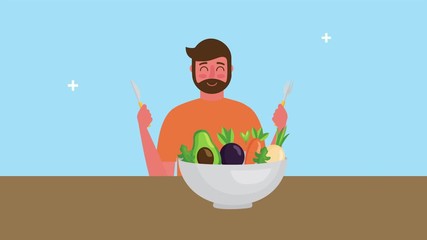 Poster - young man with fresh healthy food in bowl