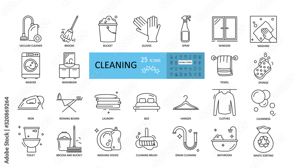 Cleaning vector set of 25 icons with editable stroke. Vacuum cleaner, laundry, ironing, sponge, washing dishes, windows and floors, sweeping dust, cleaning the bathroom and toilet, sorting garbage. - obrazy, fototapety, plakaty 