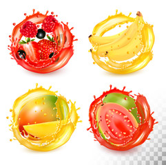 Wall Mural - Set of fruit juice splash. Strawberry,blueberry, raspberry, banana, mango, guava Vector