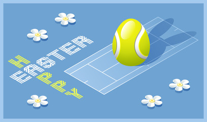 Wall Mural - Happy Easter greeting card. Isometric illustration with 3D Easter egg as a tennis ball and tennis court. Vector illustration.