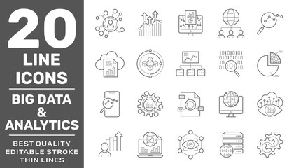 Set of data and web analytics related vector line icons set.Graphs, traffic analysis, big data and more. Collection of high quality icons for web site design and mobile apps. Editable Stroke. EPS 10