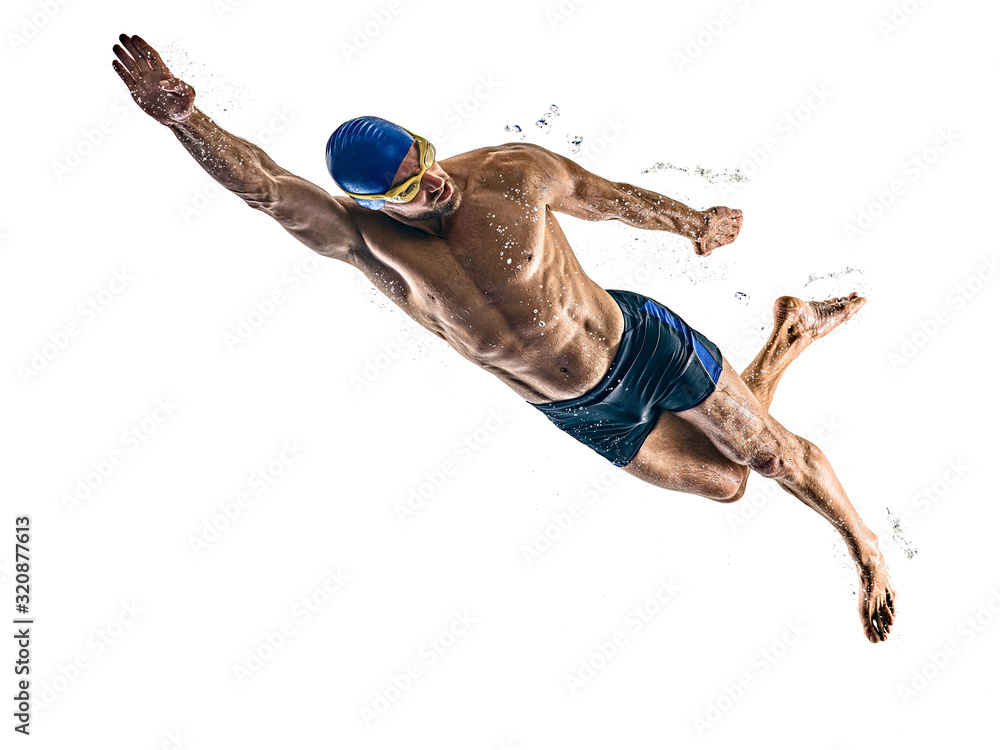 man sport swimmer swimming isolated white background - obrazy, fototapety, plakaty 