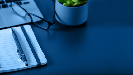 Minimal workplace with laptop, notepad,  small succulent and accessories in a classic blue color 2020. Selective focus