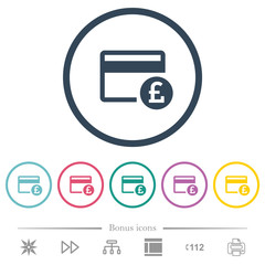 Pound credit card flat color icons in round outlines