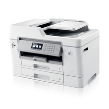 Business Smart Inkjet Multifunction Printer Isolated On White. Side View Of White Home Colour Document And Photo Jet Printer With Copier, Fax And Scanner. Office Printing Appliances. Peripheral Device