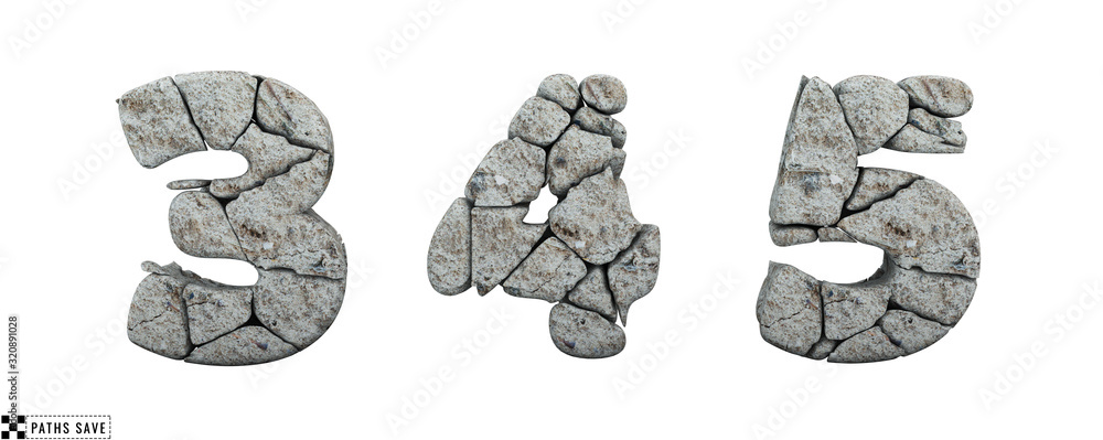 Stone numbers 3, 4, 5. 3d render. Rock alphabet. Path save. - obrazy, fototapety, plakaty 