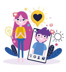 Poster - young woman and boy chatting smartphone romantic social media