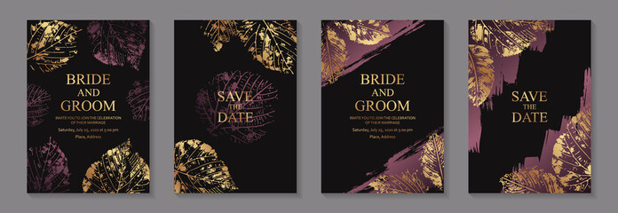 Wall Mural - set of luxury floral wedding invitation design or greeting card templates with golden and purple lea