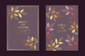 Set of luxury floral wedding invitation design or greeting card templates with golden and pink branches and leaves on a purple background.