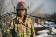 Women Firefighter with red helmet standing outside