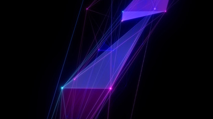 Abstract cg polygonal grid blue and violet neon triangles. Geometric light motion background. Lowpoly wireframe