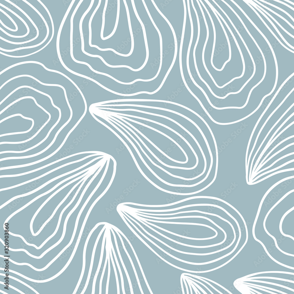 Minimalistic seamless pattern of oysters. Vector hand drawn illustration of a mollusk in pastel colors. A simple background is ideal for printing, textiles, fabric, wallpaper, wrapping paper - obrazy, fototapety, plakaty 
