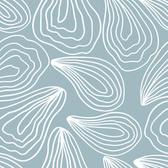 Minimalistic seamless pattern of oysters. Vector hand drawn illustration of a mollusk in pastel colors. A simple background is ideal for printing, textiles, fabric, wallpaper, wrapping paper