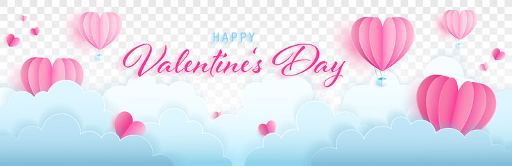 Wall Mural - Happy valentines day paper craft vector banner with hearts, clouds and text