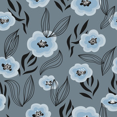 Seamless trendy floral pattern with hand drawn blue flowers.	