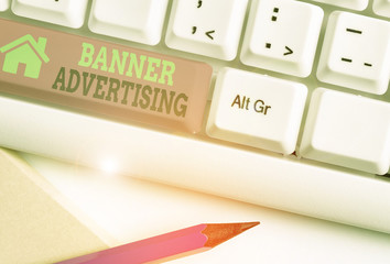 Writing note showing Banner Advertising. Business concept for advertisement that appears across the top of a web page