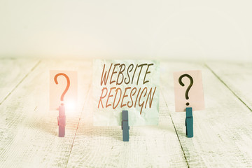 Wall Mural - Writing note showing Website Redesign. Business concept for modernize improver or evamp your website look and feel Crumbling sheet with paper clips placed on the wooden table