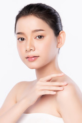 Portrait beautiful young asian woman clean fresh bare skin concept. Asian girl beauty face skincare and health wellness, Facial treatment, Perfect skin, Natural makeup, on white background,two