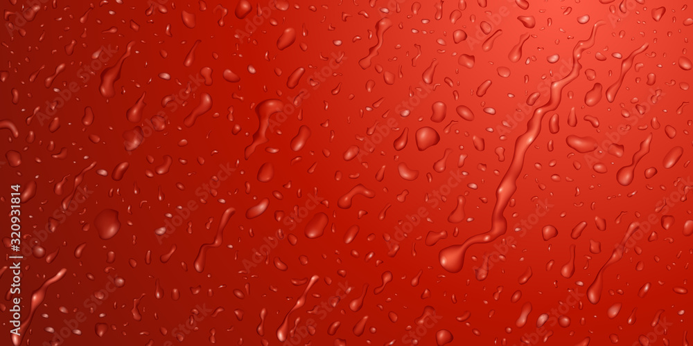 Background with drops and streaks of water in red colors, flowing down the surface - obrazy, fototapety, plakaty 