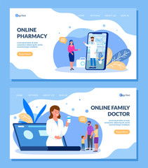 Online doctor and pharmacist for family patient vector illustration internet website banner landing page set. Medical assistance, prescription, treatment, pills and drugs via phone, laptop.