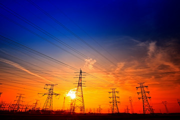 Electric tower, silhouette at sunset