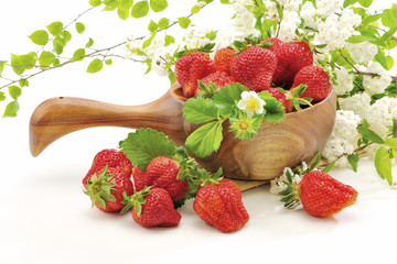 Sticker - Strawberry and wooden spoon at the white background