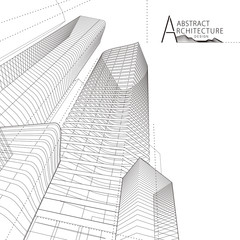 Aufkleber - 3D illustration architecture building construction perspective design, abstract modern urban building line drawing.