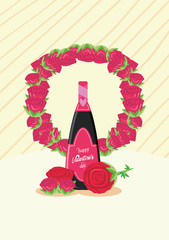 Wall Mural - Happy valentines day roses and champagne bottle vector design