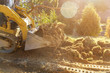 The bulldozer moves soil construction equipment digging ground